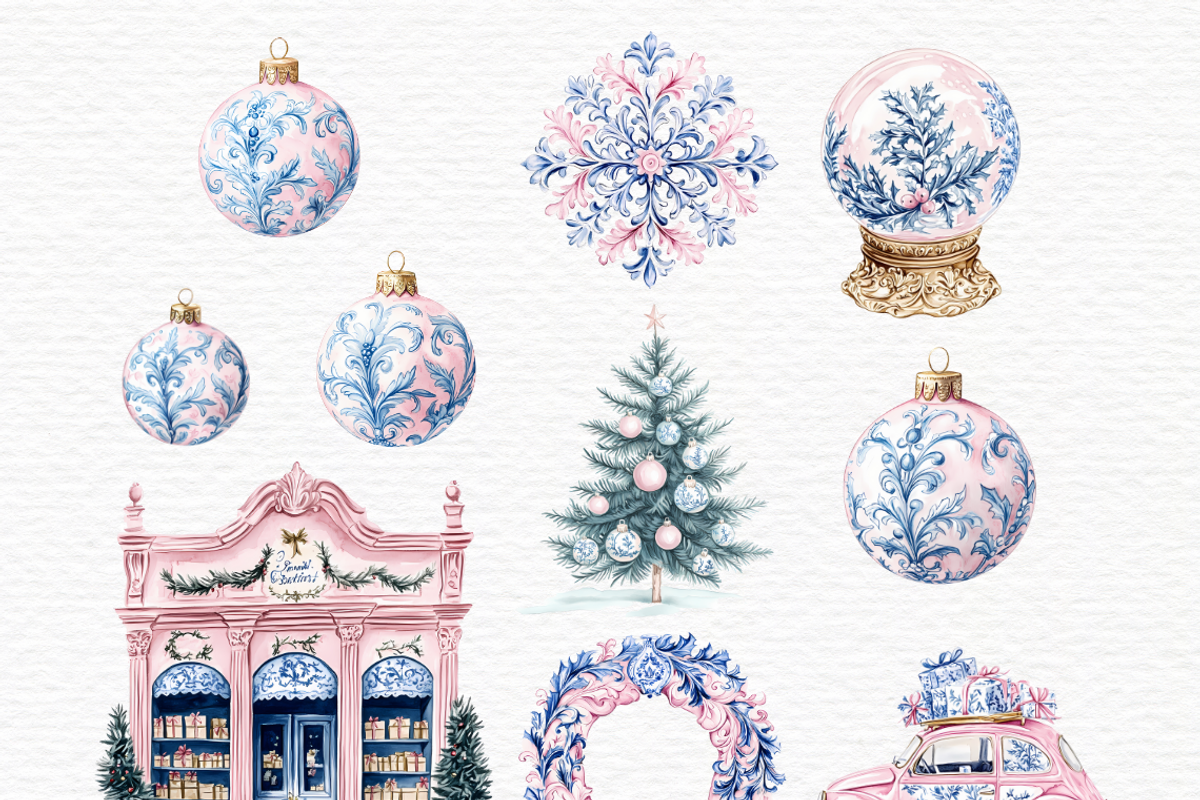 Christmas blue and pink toile, a Seasonal Illustration by Invite to Clipart (Photo 4 of 6)