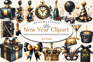 Happy New Year Gold and Black Clipar, an Illustration by DreamCafeArt