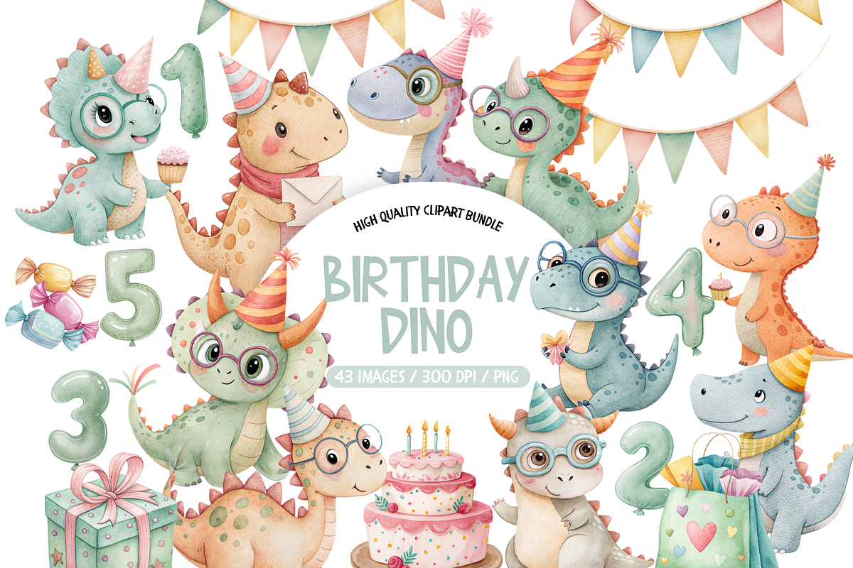 Cute Birthday Dino Clipart Set, an Illustration by TatiMockup (Photo 1 of 6)
