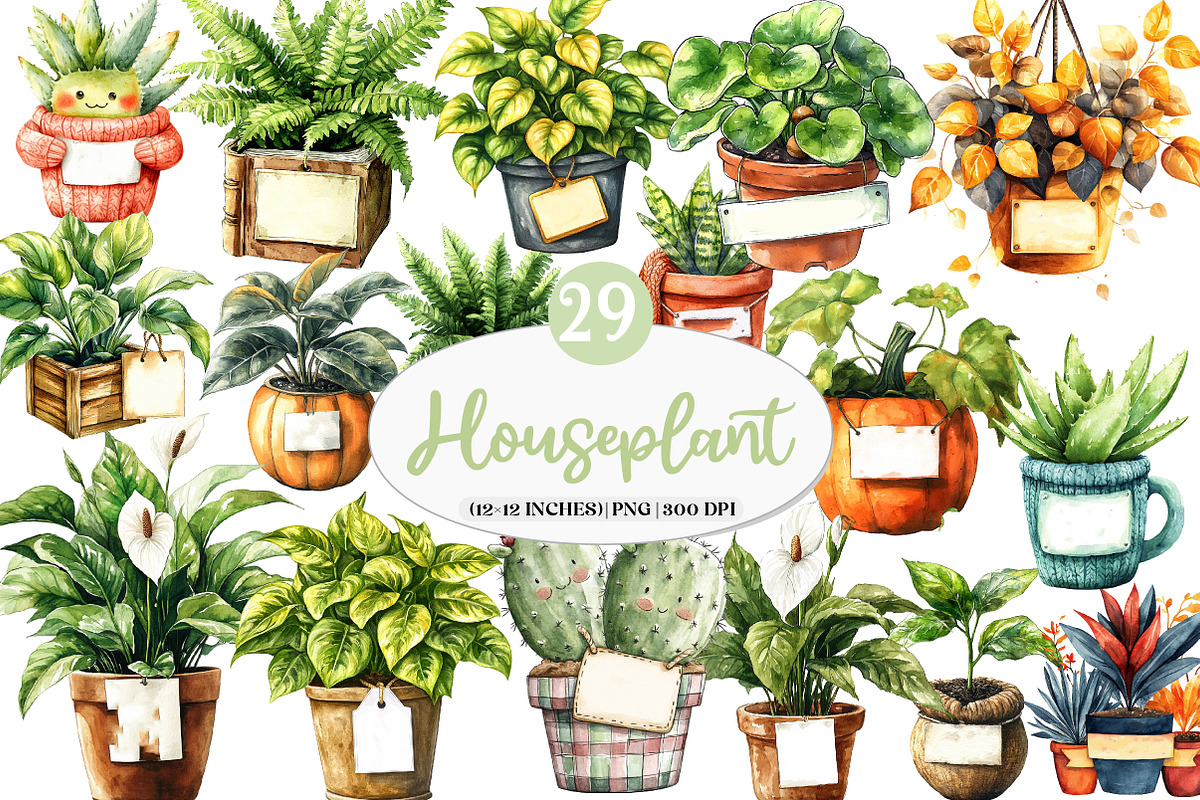 Positive Autumn Houseplant Clipart, an Illustration by Watercolor design (Photo 1 of 4)