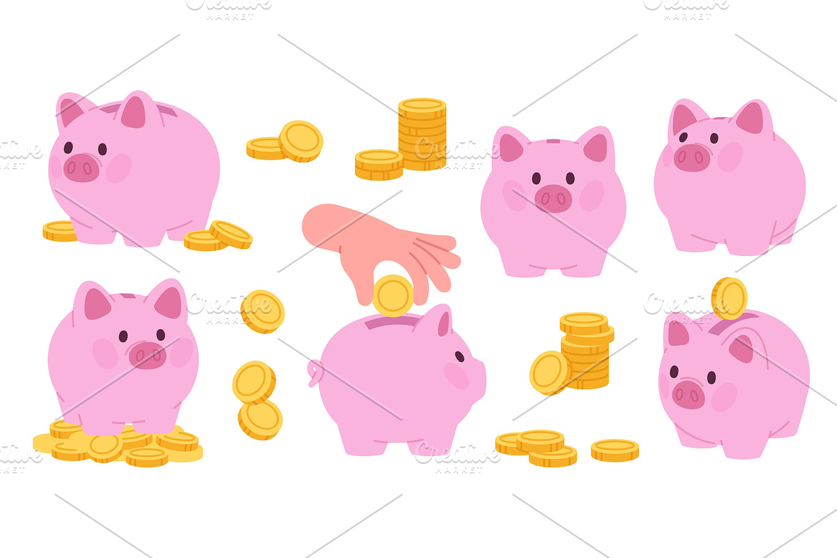 Cute piggy bank set. Pink pig banks, a Finance Illustration by LadadikArt