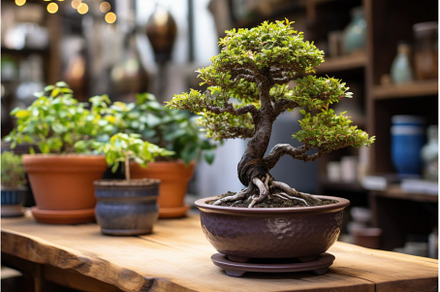 a small, short bonsai tree next to a