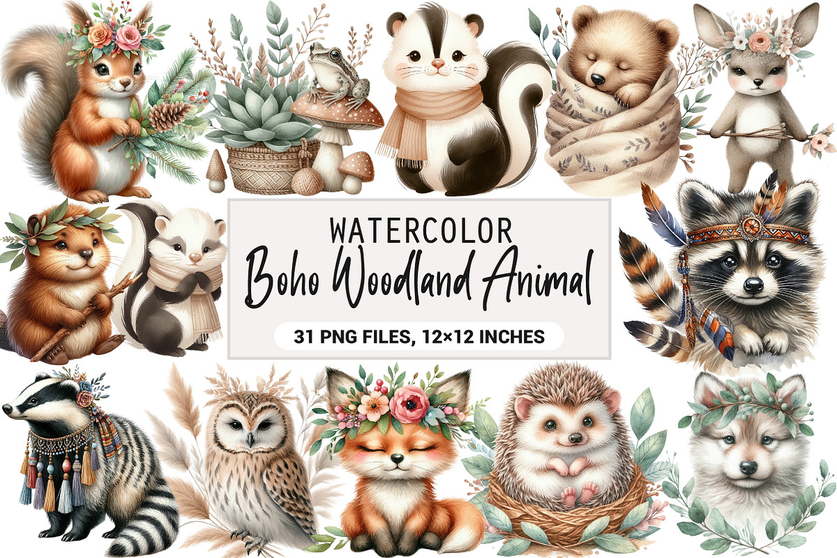Boho Woodland Animal Clipart Bundle, an Illustration by DreamArtGraphic (Photo 1 of 4)