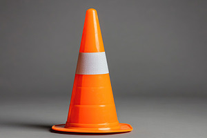 Bright orange road construction cone placed against a neutral background for vi, an Industrial Photo by AlyaAnd