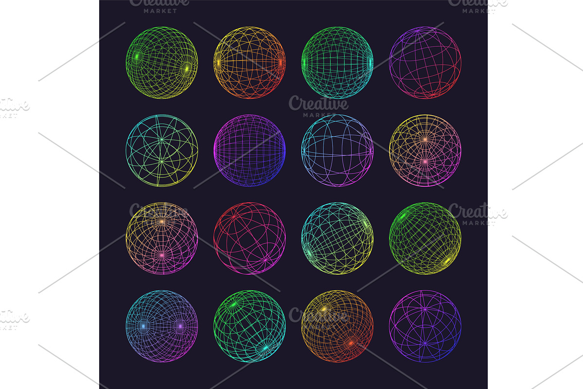 Neon wireframe shapes, lined sphere, an Object Illustration by 32pixels