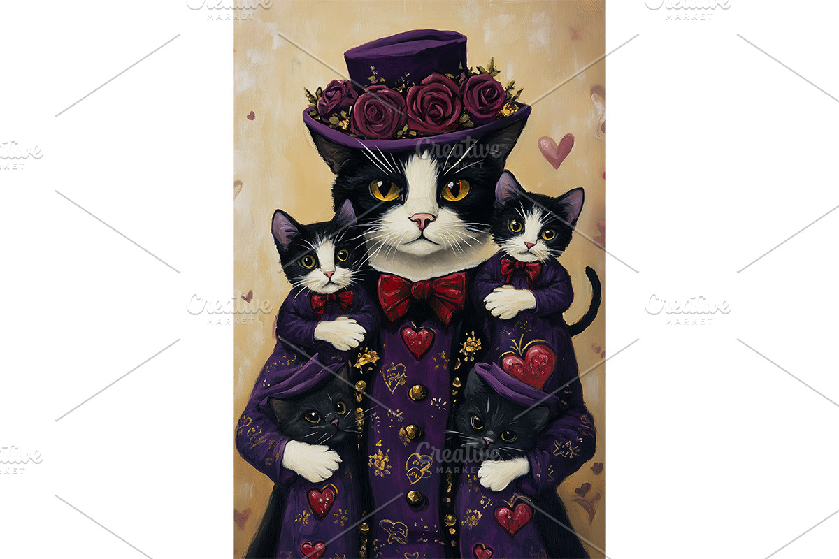 Texudo Cat in Purple with Hearts, an Animal Illustration by Art Paradise Studios