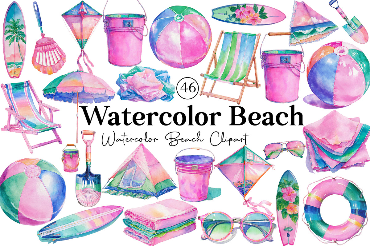 Watercolor Beach Clipart, an Illustration by DreamCafeArt (Photo 1 of 7)