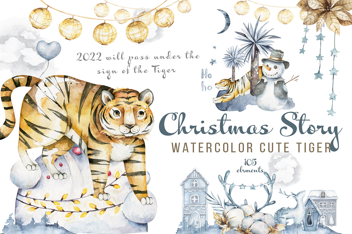 Cute Tiger and Christmas Watercolor, an Animal Illustration by Ann Art Houze (Photo 1 of 11)