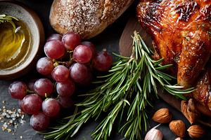 Rustic roasted chicken, crusty bread, a Food & Drink Photo by MistyDay