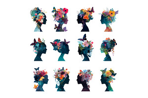 Woman profile hair flowers avatars, an Illustration by Onyx