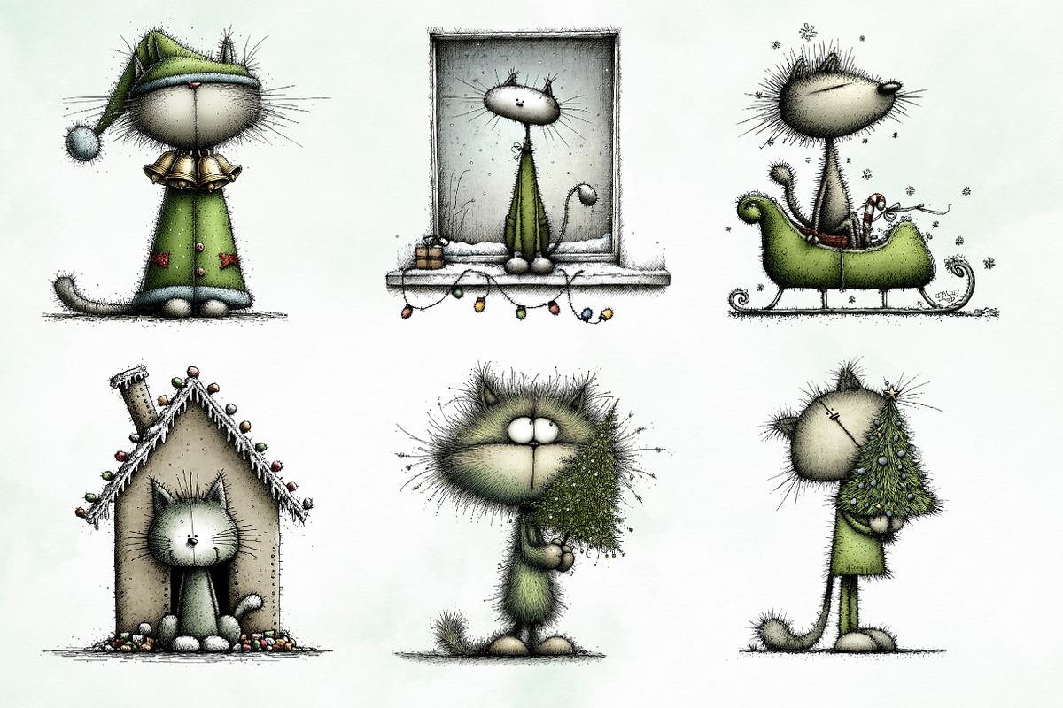 Whimsical Christmas Cats Clipart, an Illustration by Creative Art (Photo 6 of 14)