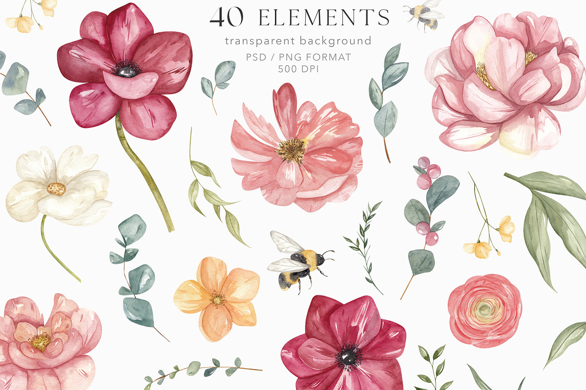 HONEY FLOWERS. watercolor collection, a Decorative Illustration by Ooh Lily (Photo 11 of 15)