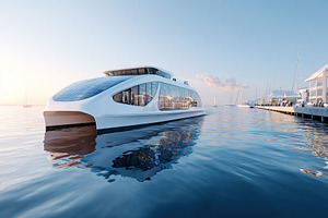 Electric ferry approaches dock in a vibrant waterfront setting during the golde, a Photo by AlyaAnd