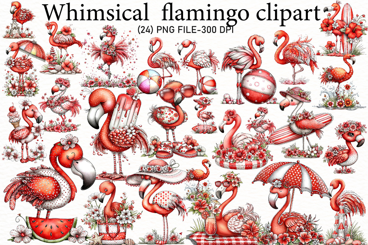 Whimsical Summer flamingo clipart, an Illustration by Designworld (Photo 1 of 5)