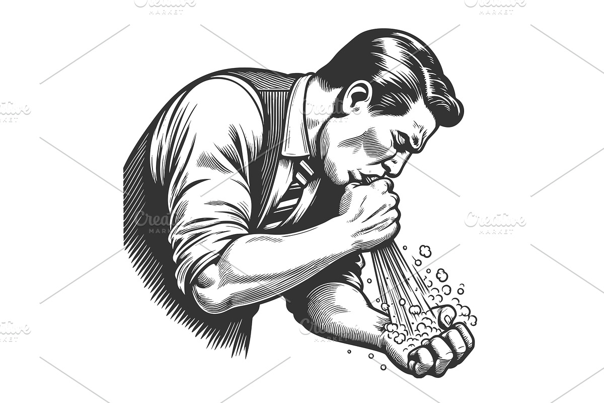 man sneezing into hand vector, a Healthcare Illustration by AlexArt