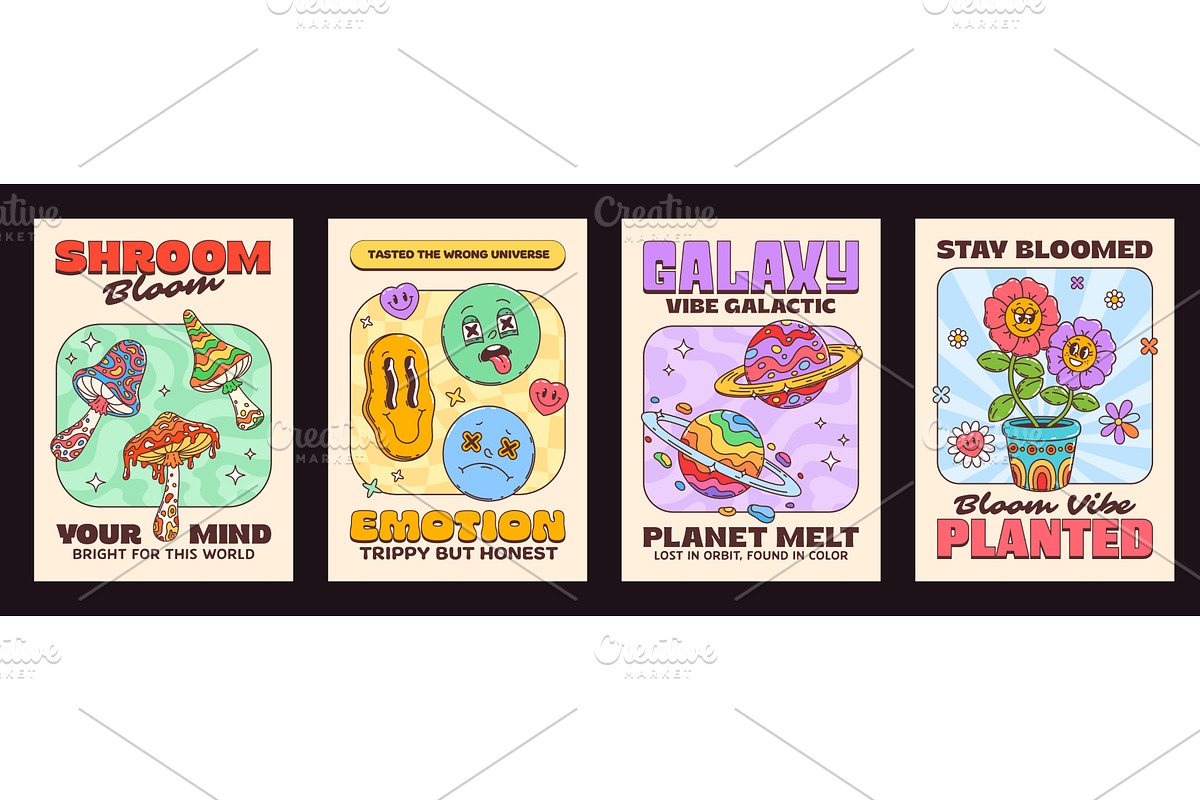 Cartoon groovy hippie characters, an Object Illustration by Buch&Bee