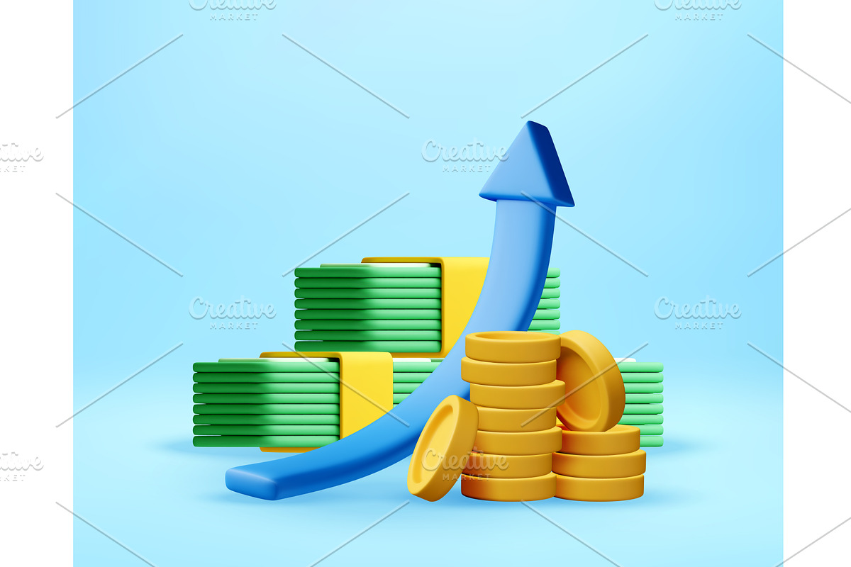 3D arrow pointing upward on pile of, a Finance Illustration by Abscent