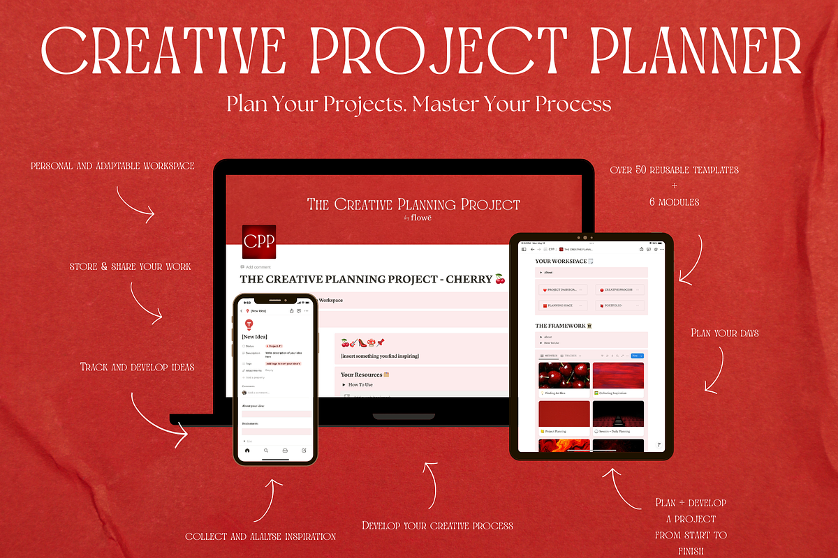 Notion Template for Creatives - Red, a Templates & Theme by flowē (Photo 1 of 5)
