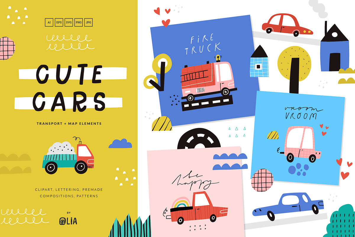 Cute Cars | Hand drawn clipart, a Transportation Illustration by Olia (Photo 1 of 11)
