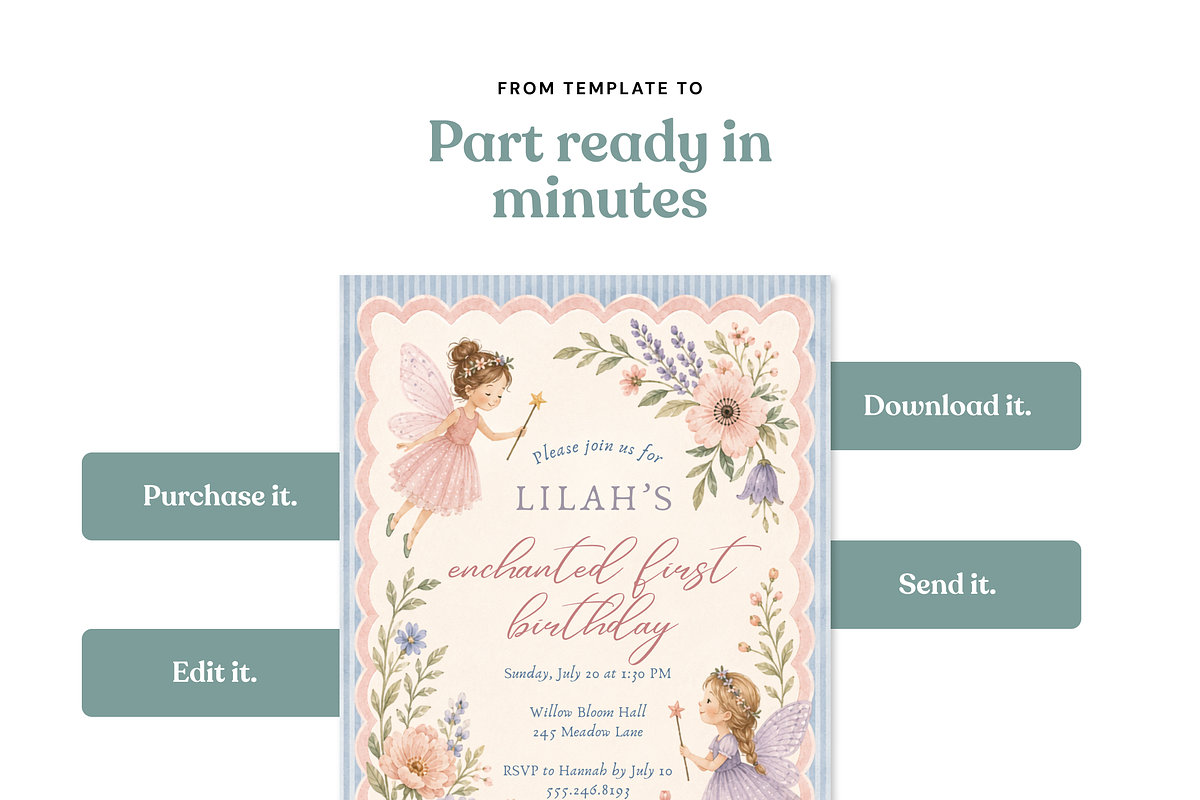 Fairy First Birthday Invitation, an Invitation Template by heynomi (Photo 2 of 18)