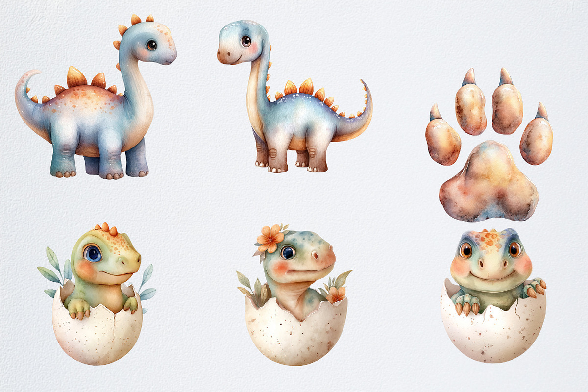 Cute Watercolor Dinosaur Clipart, an Illustration by Watercolor design (Photo 3 of 6)