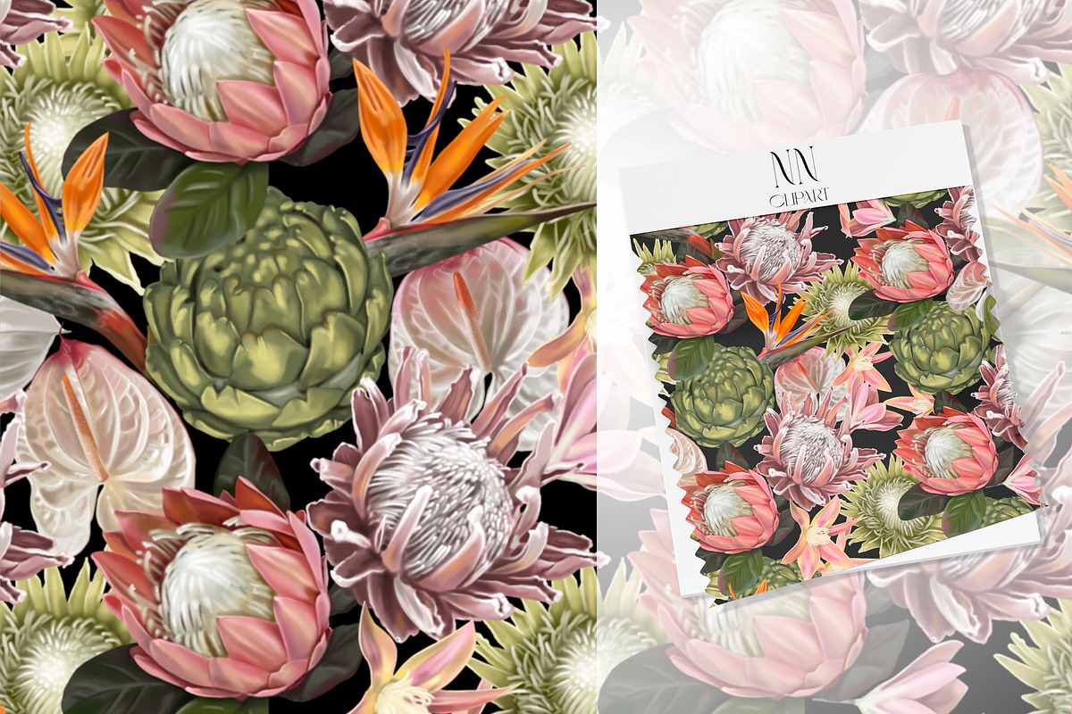 Protea & Strelitzia seamless pattern, a Pattern Graphic by NNclipart (Photo 3 of 6)