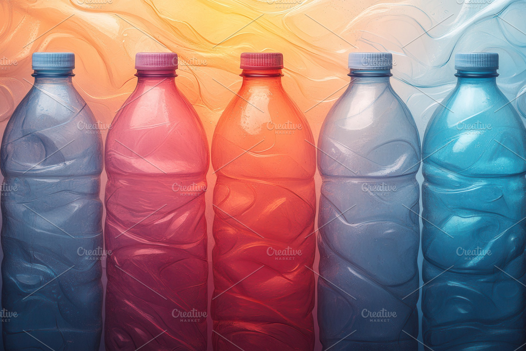 Colorful water bottles arranged in a, a Photo by Tanuart