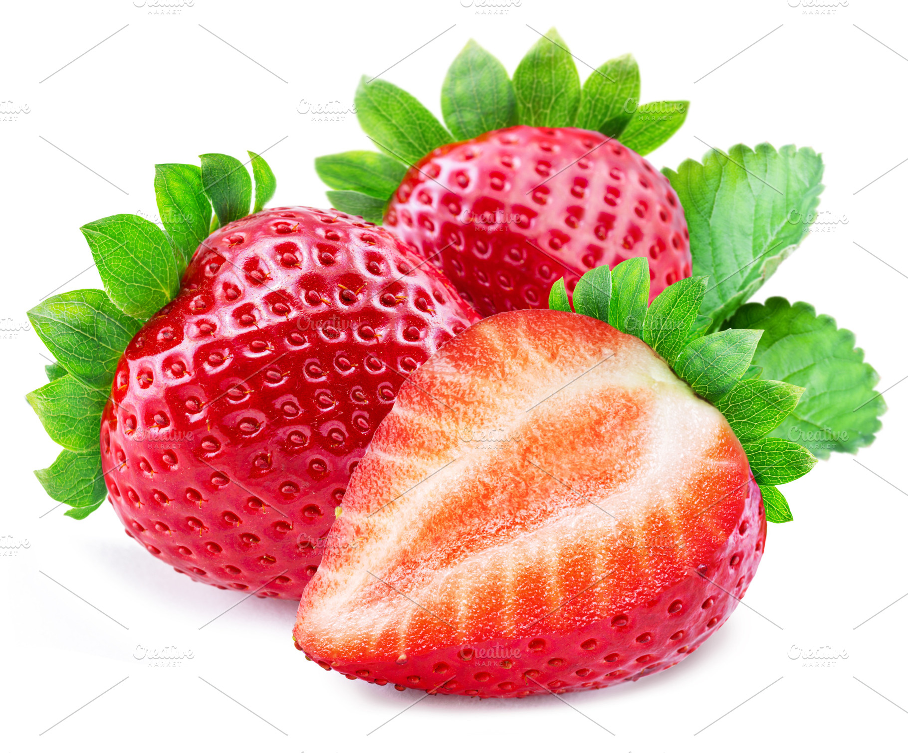 Strawberries and strawberry cross section isolated on white back, a Food & Drink Photo by Volff