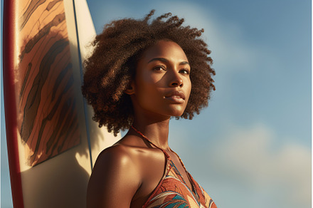 Female black surfer with surfboard, a Person Photo by Lermont51