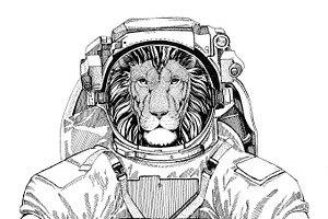 Wild Lion Wearing Space Suit Wild Animal Astronaut Spaceman Galaxy Exploration Hand Drawn Illustration For T-shirt