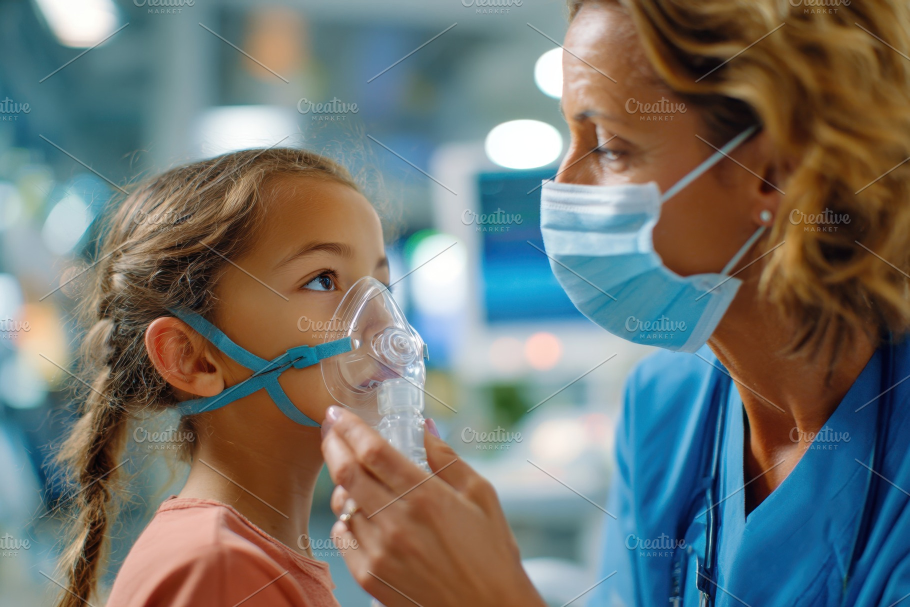 Healthcare professional assisting child with breathing mask, a Health & Medical Photo by AlyaAnd