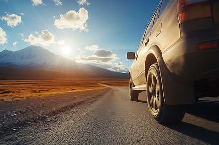 SUV driving on an empty road with, a Transportation Photo by MistyDay