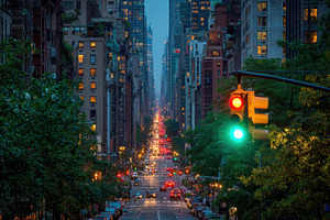 Traffic lights are on a busy street, a Photo by Pavel_design