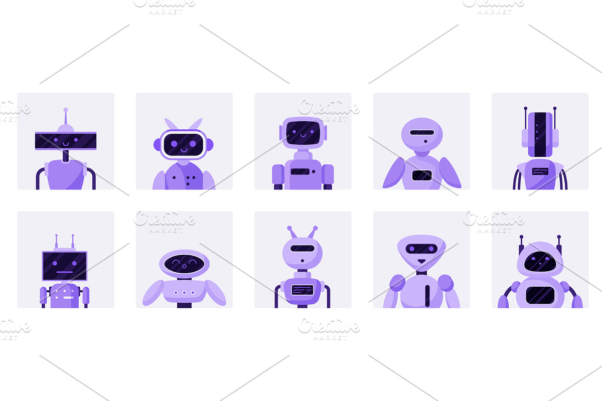 Chatbot avatars set, purple cute, an Object Illustration by Lemberg Vector