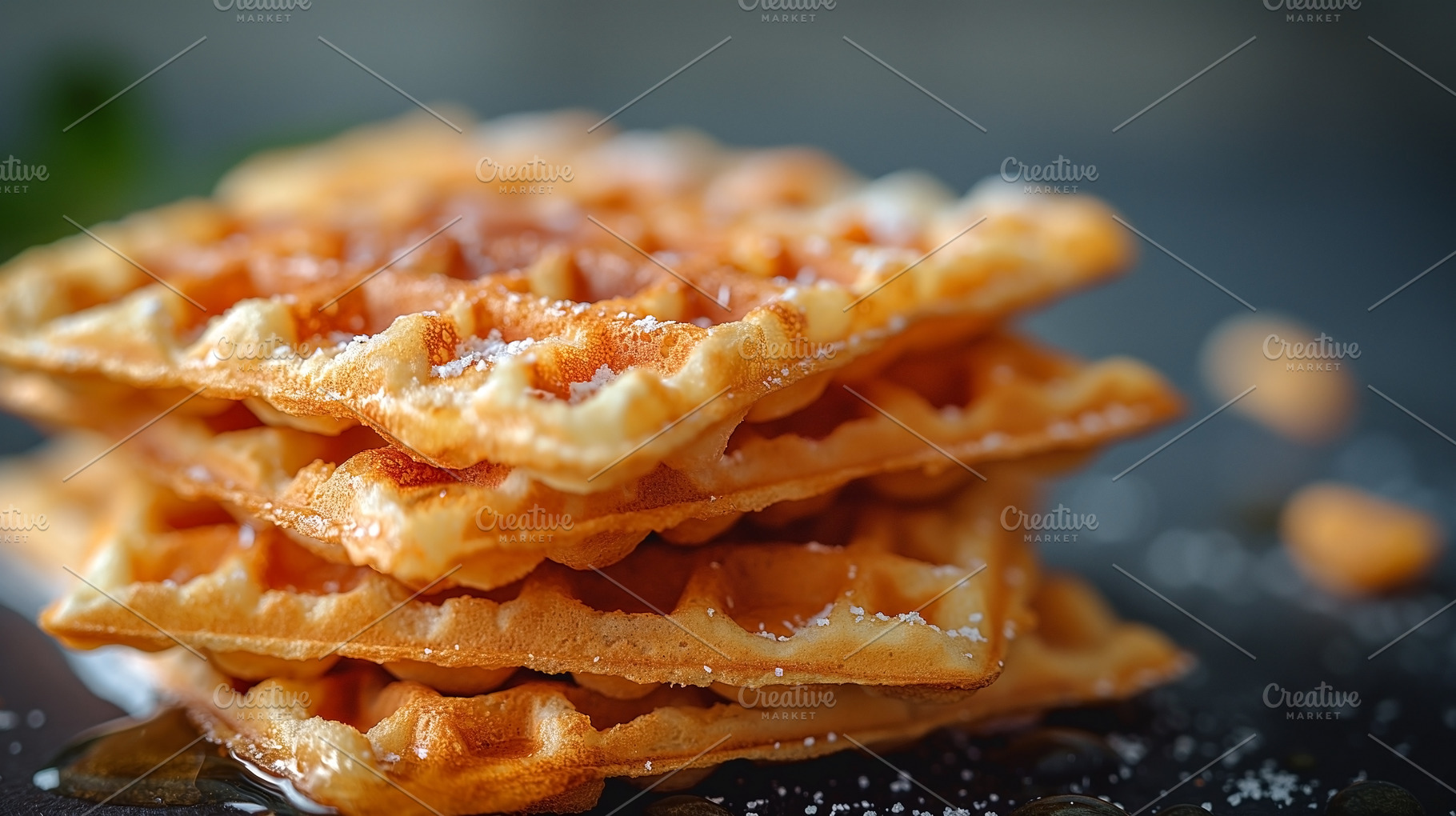 A stack of freshly made golden waffles drizzled with syrup, topp, a Food & Drink Photo by ImageMir
