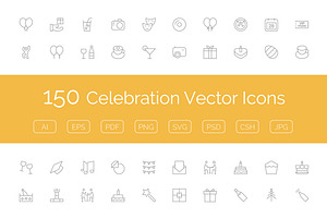 150 Celebration Vector Icons, an Outline Icon by Creative Stall