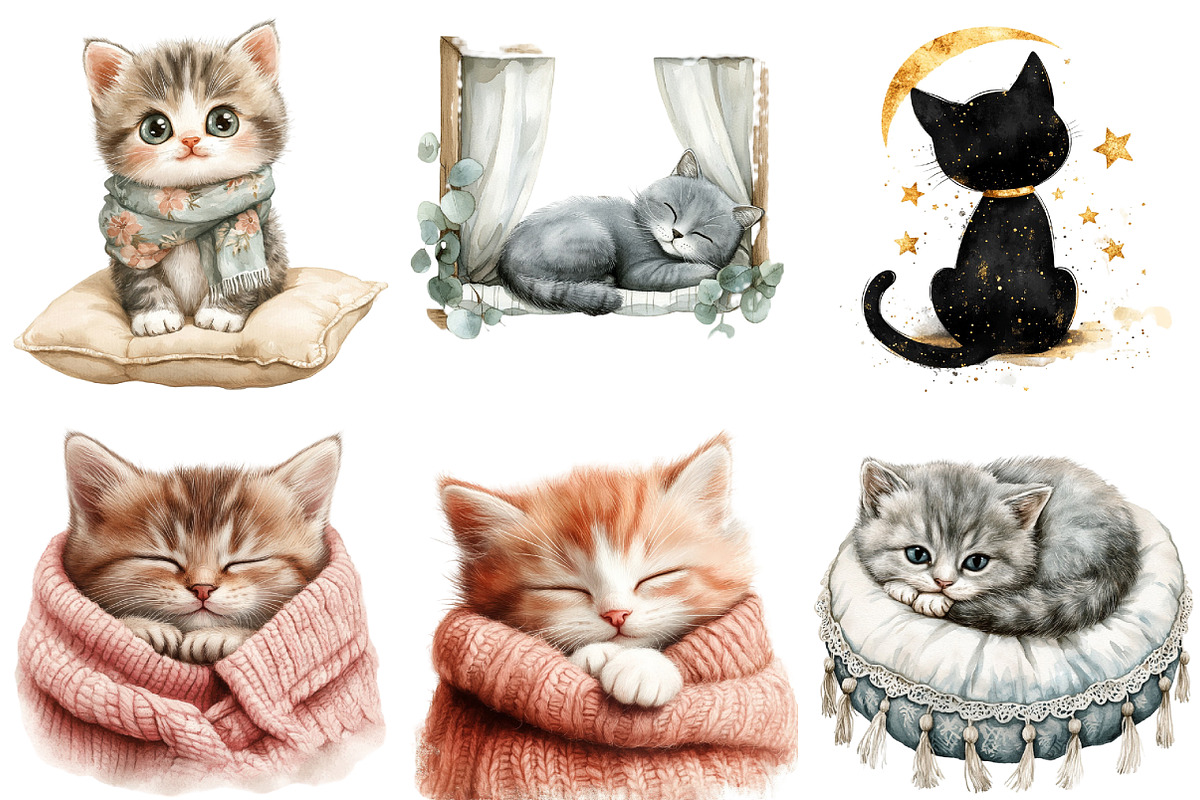Cat & Kitten Watercolor Clipart, an Illustration by Watercolor design (Photo 2 of 4)