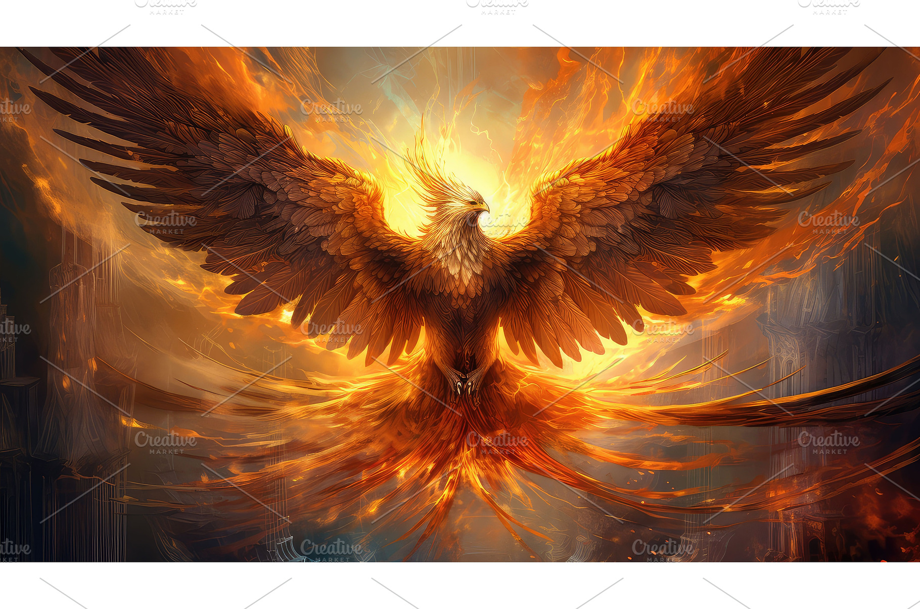 mythical gold phoenix ai generated, an Animal Photo by pikepicture