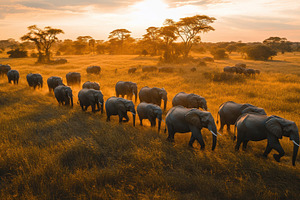 Elephant migration at sunset: A line, an Animal Photo by Pixeness Studio