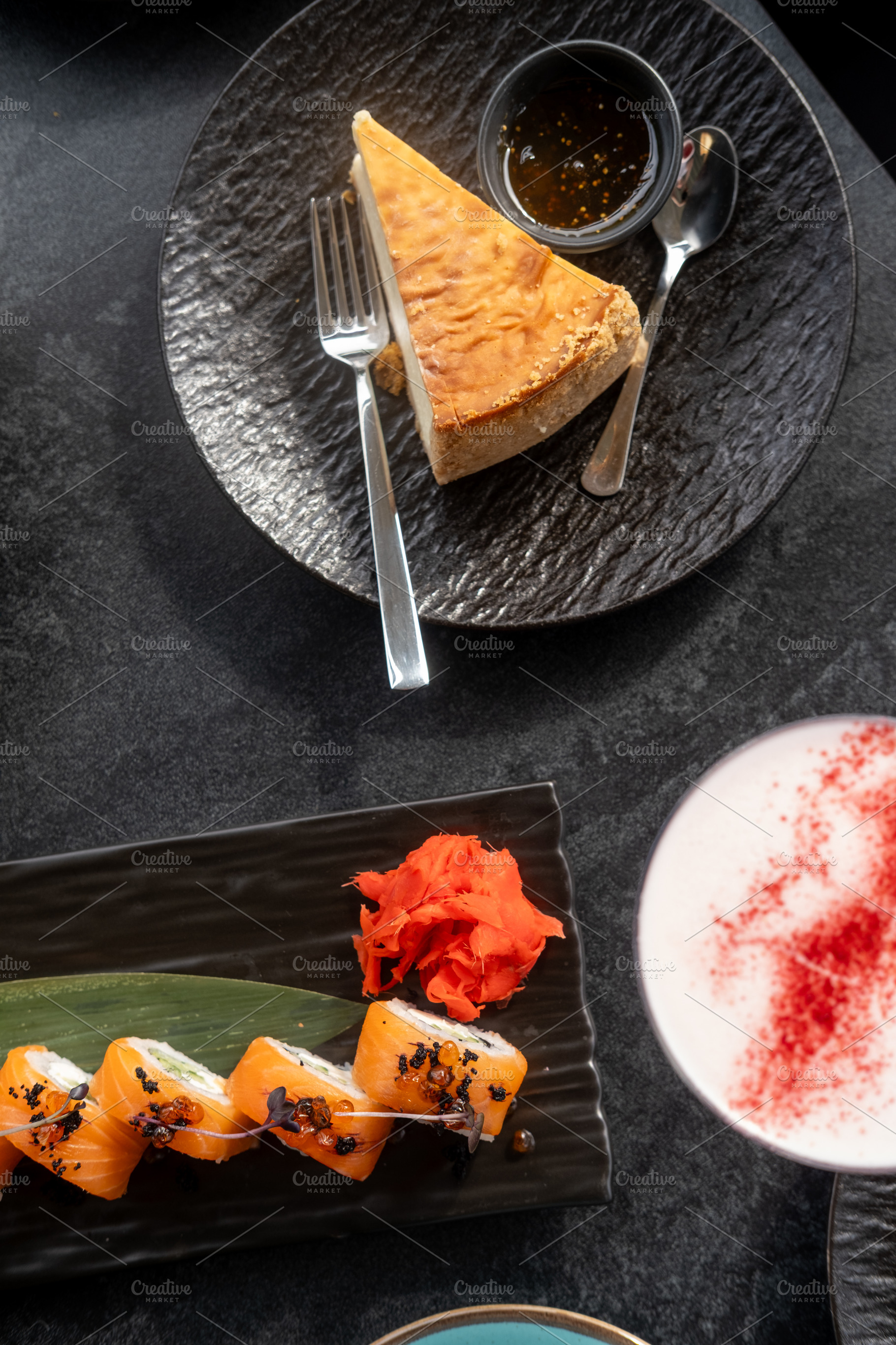 Salmon roll cake piece cheesecake slice sushi jam, a Food & Drink Photo by Photo Drive Studio
