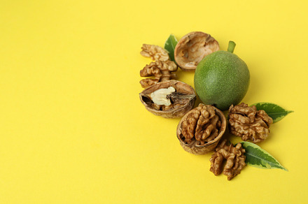 Walnuts with nut peel on yellow background, a Food & Drink Photo by AtlasStudio PRO