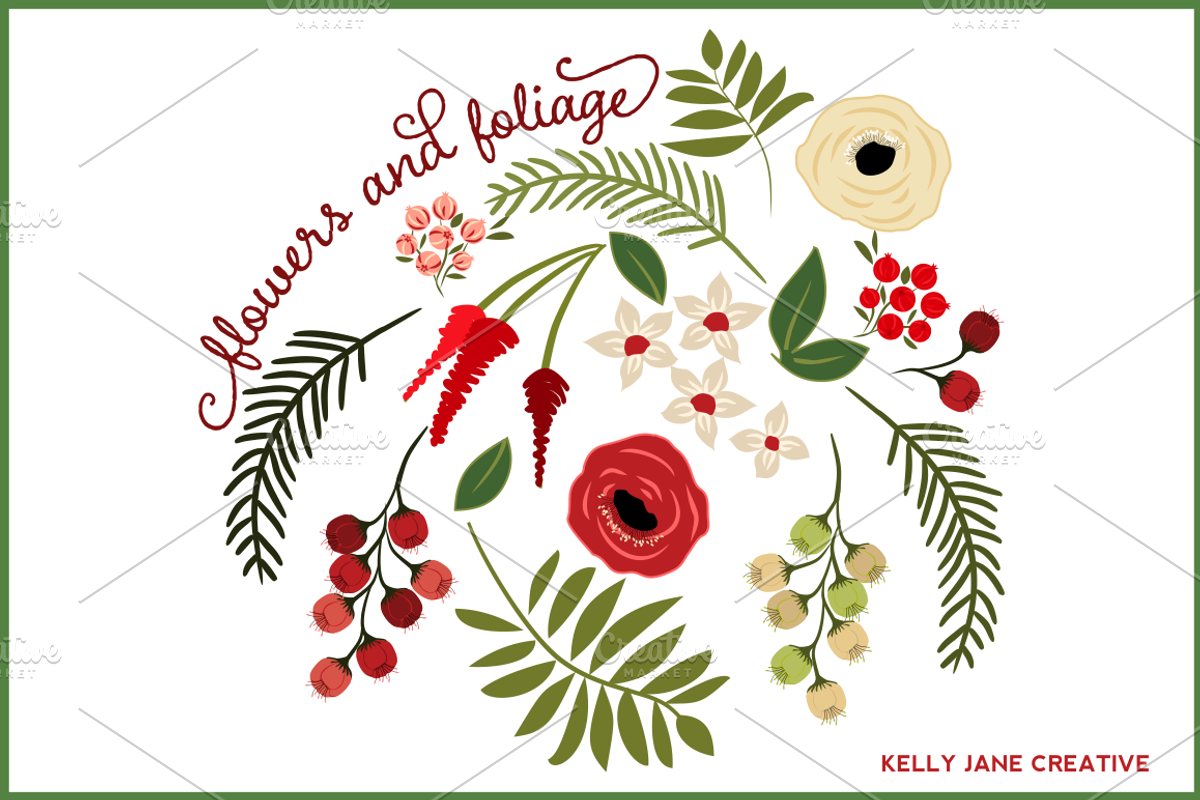 Christmas Flowers & Foliage - vector, an Illustration by Kelly Jane Creative