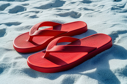 Bright red flip flops resting on the warm white sand of a sunny, a Beauty & Fashion Photo by AlyaAnd