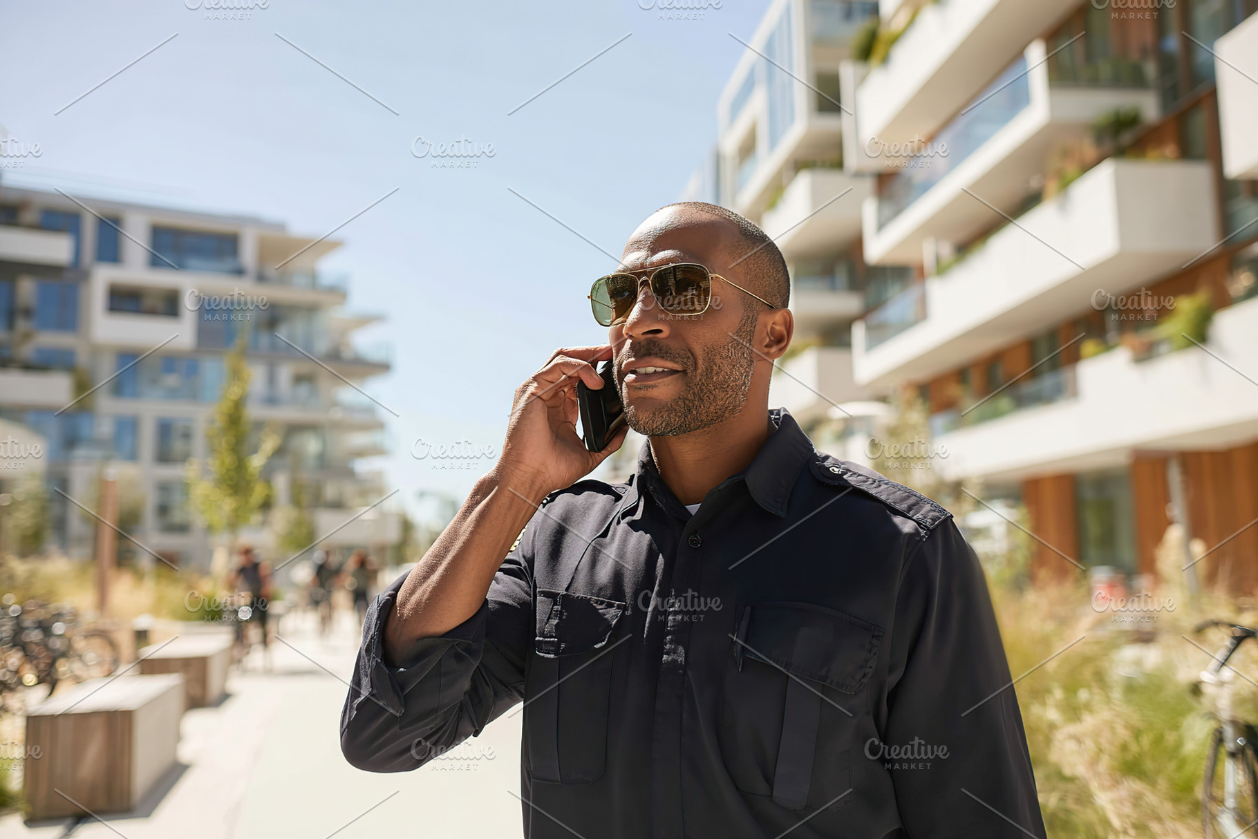 Man talking on the phone in a modern urban neighborhood during a sunny day, a Person Photo by AlyaAnd