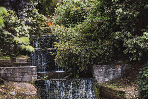 Cascading waterfall in park nature, an Architecture Photo by SkyNext