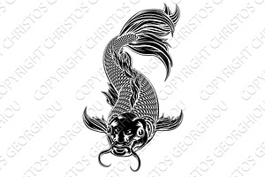 Koi Carp Fish Woodcut Style