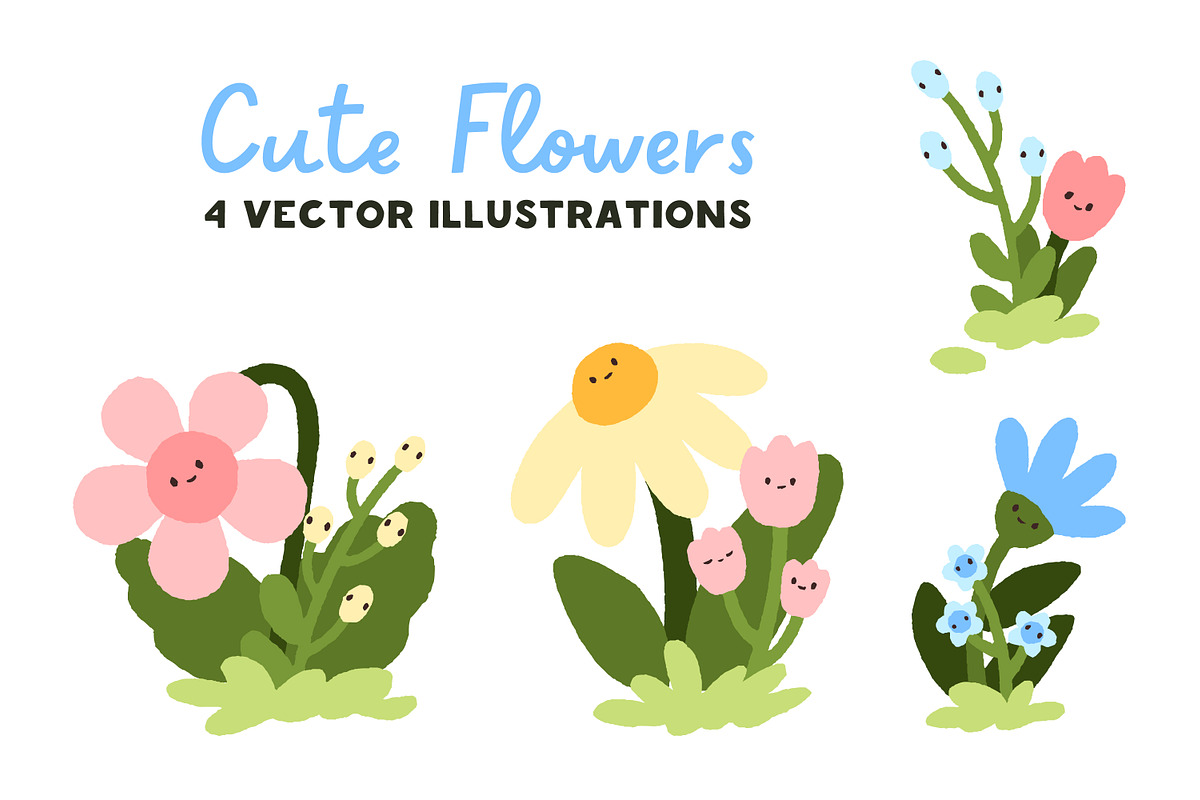 Cute flowers with kawaii faces set, a Decorative Illustration by Good Studio (Photo 1 of 5)