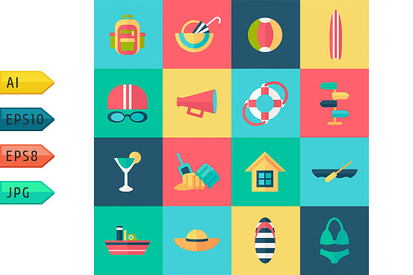 Set Of Flat Summer Icons With Shadow