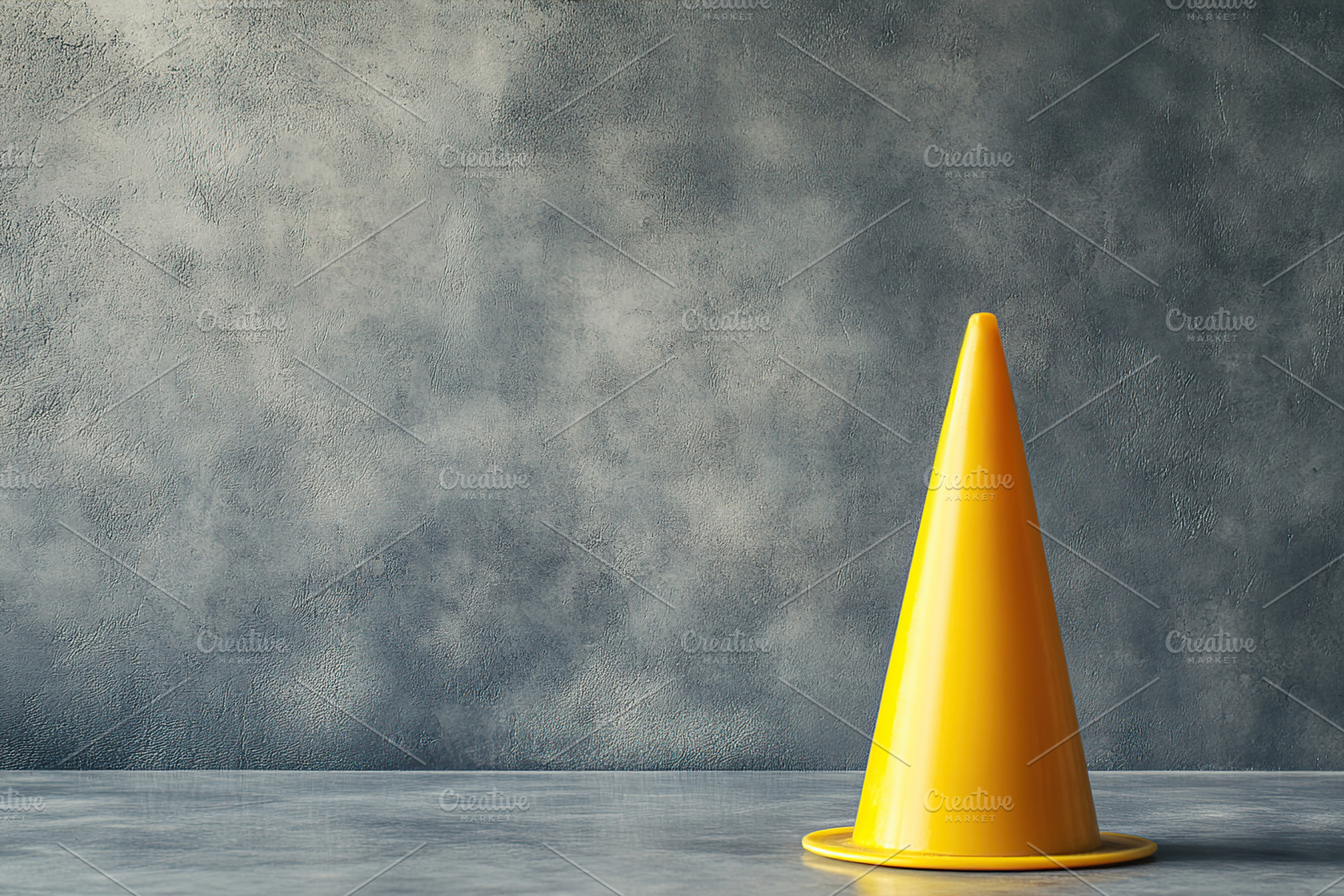 Yellow road cone placed against a textured grey wall in an indoo, an Industrial Photo by AlyaAnd