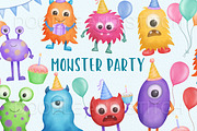 Monster Party Watercolor Clipart, an Illustration by Doodle and Stitch (Thumbnail 1 of 2)